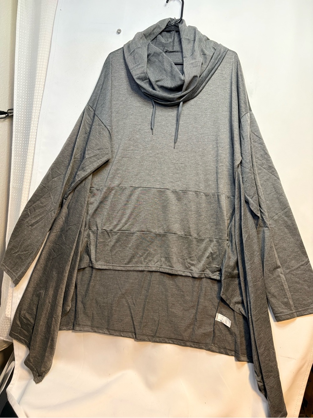 4XL Plus Size Gray Cowl Neck Tunic Hoodie Long Sleeve Kangaroo Pocket